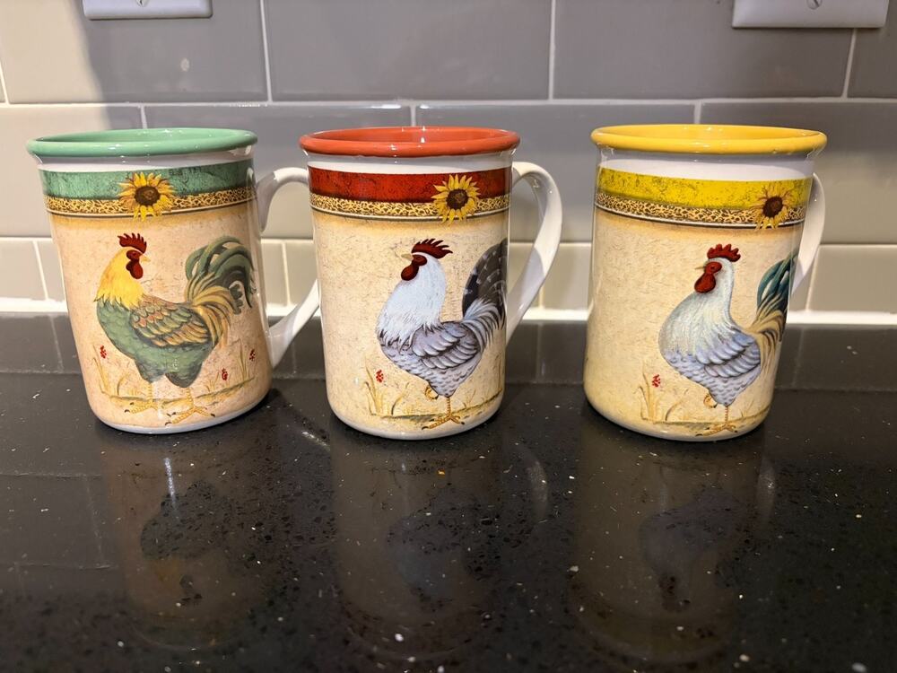Vtg Gibson Daybreak Rooster and Sunflower Coffee Cups Set of 3
